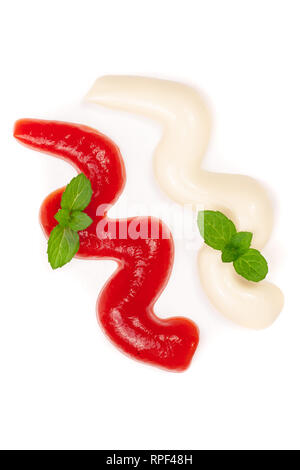 Tomato ketchup and mayonnaise with a mint leaf isolated on white background. Top view Stock Photo