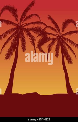 Tropical landscape Summer background. Palm trees silhouette. Vector illustration Stock Vector