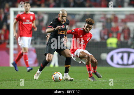 Sofiane Féghouli of Galatasaray AS (L) vies for the ball with Gedson Fernandes of SL Benfica (R) during the Europa League 2018/2019 footballl match between SL Benfica vs Galatasaray AS.  (Final score: SL Benfica 0 - 0 Galatasaray AS) Stock Photo