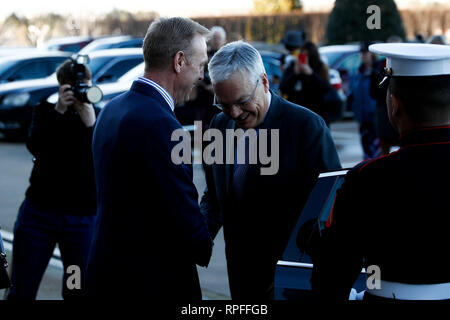 Arlington, USA. 21st Feb, 2019. Acting U.S. Secretary of Defense Patrick Shanahan (L) welcomes Belgium Minister of Defense Didier Reynders (R) at the Pentagon in Arlington, the United States, Feb. 21, 2019. Credit: Ting Shen/Xinhua/Alamy Live News Stock Photo