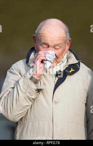 Sheffield, South Yorkshire, UK. 22nd Feb, 2019. Tony Foulds waves and in tears during the Mi Amigo flypast at Endcliffe Park, Photograph by Credit: Richard Holmes/Alamy Live News Stock Photo