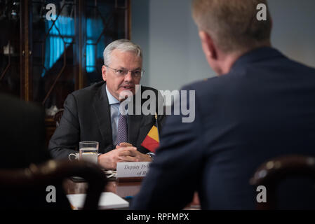 Belgian Minister of Defence Didier Reynders during a meeting with U.S. Acting Secretary of Defense Patrick Shanahan at the Pentagon February 21, 2019 in Arlington, Virginia. Stock Photo