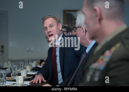 U.S. Acting Secretary of Defense Patrick Shanahan during a meeting with Belgian Minister of Defence Didier Reynders at the Pentagon February 21, 2019 in Arlington, Virginia. Stock Photo