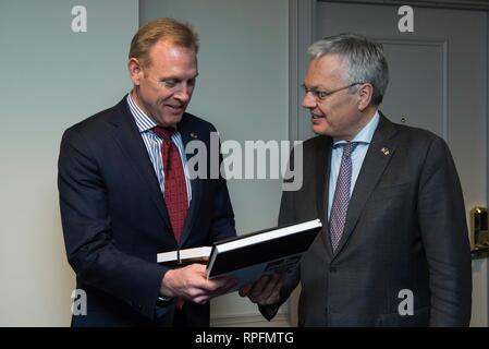 U.S. Acting Secretary of Defense Patrick Shanahan chats with Belgian Minister of Defence Didier Reynders at the Pentagon February 21, 2019 in Arlington, Virginia. Stock Photo