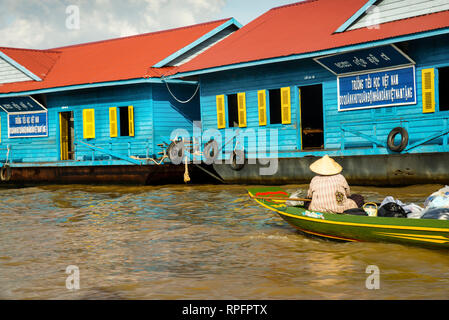 Vietnamese School on Tonle Sap Lake for Vietnamese students living in Chong Khneas floating villages, Siem Reap, Cambodia. Stock Photo