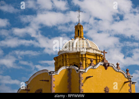 The tiled dome of the Aranzazu Chapel and San Francisco Convent in the Plaza de Aranzazu in the state capital of San Luis Potosi, Mexico. The chapel and convent was built between 1749 and 1760 and features Churrigueresque details and tiled domes. Stock Photo