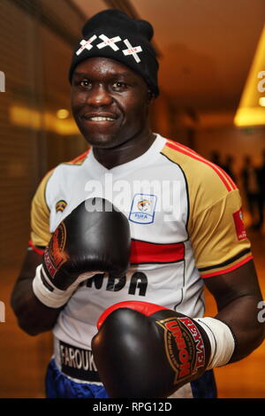 African middleweight professional boxer Farouk Daku poses before the fight w/Ukrainian Igor Kudritsky, who brutally KOed Farouk flat in counter-attack Stock Photo