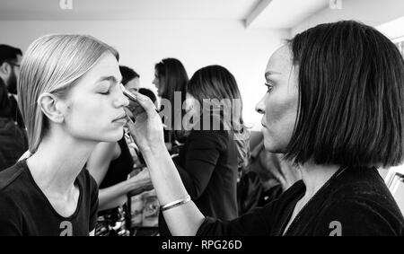 New York, NY - February 08, 2019: Model Daphne Groeneveld prepares backstage for the Cushnie Fall Winter 2019 fashion show during New York Fashion Wee Stock Photo
