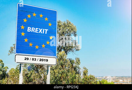 UK is set to leave European Union on March 29, 2019 as part of Brexit, meaning Britain Exit - conceptual digital composite of Member State border Stock Photo