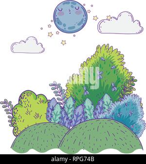 beautiful landscape night with moon kawaii character Stock Vector