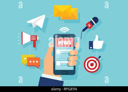 Reading news on mobile device concept. Vector of a hand holding smartphone with news website. Stock Vector