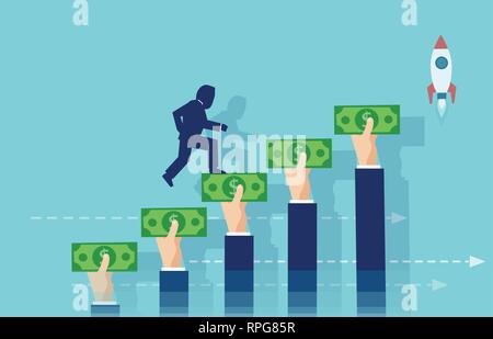 Venture capital and startup concept. Vector of a businessman climbing up the stairs made of hands holding money. Stock Vector