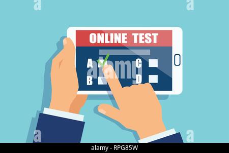 Vector of a man holding a tablet in hands, taking part in online survey. Quiz on mobile device concept. Stock Vector