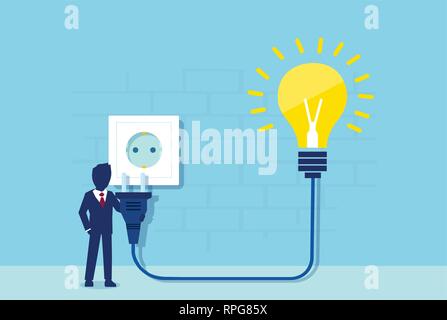 Business ideas and innovation concept. Vector of a businessman with electrical cord and bright idea light bulb plugging to power socket. Stock Vector