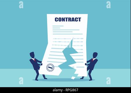 Contract cancellation concept. Vector of two business men tearing in half contract agreement. Stock Vector
