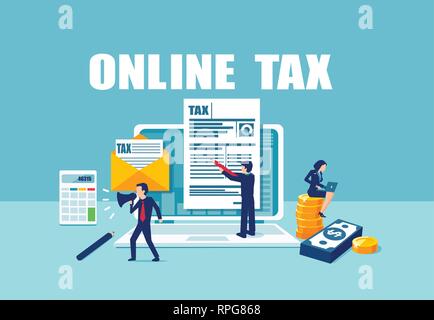 Filling taxes online concept. Vector of people filling tax form documents using internet services Stock Vector