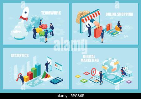 Internet business, teamwork and marketing concept. Set of isometric vector design templates for online shopping, startup strategy and financial analyt Stock Vector