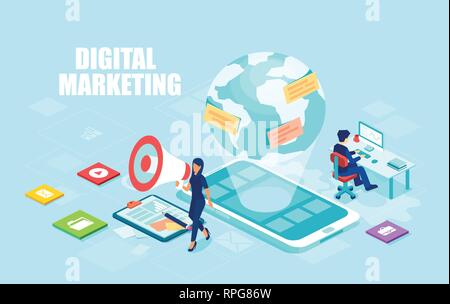 Digital marketing concept. Isometric modern vector of business analysis, content strategy and management for website banner. Stock Vector