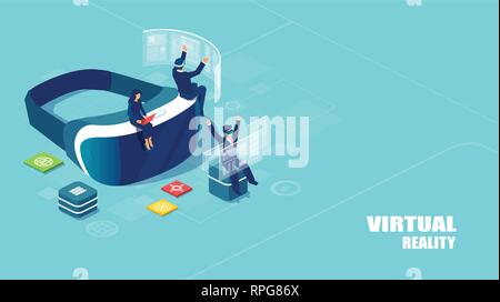 Augmented technology concept. Isometric vector of virtual reality headset with people studying and entertaining. Landing page template. Stock Vector