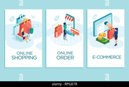 Online shopping concept. Vector banner, mobile app templates of women buying clothes in the internet Stock Vector