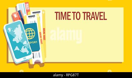 Business trip or vacation concept. Vector banner with passport, tickets, smartphone, credit card and insurance card Stock Vector