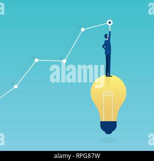 Smart investment concept. Vector of a successful business man standing on a bright light bulb drawing a growing up graph Stock Vector