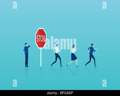 Business risk concept. Vector of a businessman thinking of potential risks at warning stop sign while crowd of businesspeople running forward Stock Vector