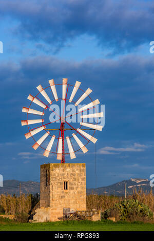 Windmill for water pumping in rural scene near Campos, Mallorca, Balearic Islands, Spain Stock Photo