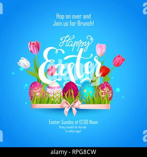 Happy Easter holiday concept. Beautiful background Happy Easter and tulips. Festive vector frame. Stock Vector