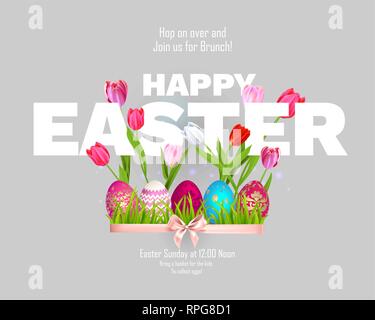 Happy Easter holiday concept. Beautiful background realistic Happy Easter and tulips. Festive vector banner. Stock Vector