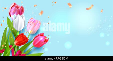 Realistic vector colorful tulips background. Spring flowers blue lovely card with place for text. Stock Vector