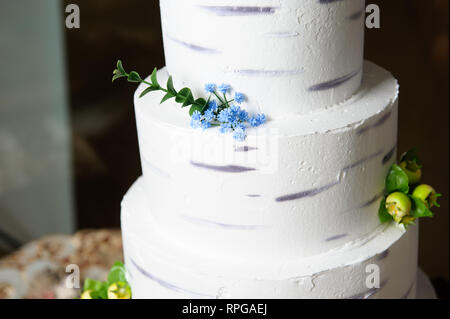 Wedding cake, white cream layered cake with decoration. Stock Photo