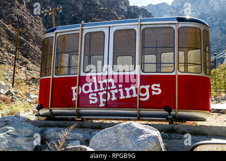 One of the old retired cable cars at the Palm Spring Aerial Tramway in Palm Springs California Stock Photo