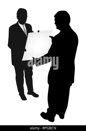 Two businessmen engineers or architects holding and showing a new project plan or a blank banner Stock Vector