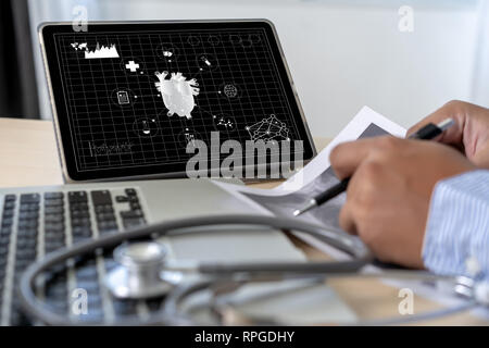 Health care writing prescription Doctor working modern virtual screen interface network Stock Photo
