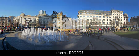 Piccadilly Gardens Manchester, panorama, fountains and architecture, wide image, Lancashire, England, UK, M1 1RN Stock Photo