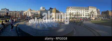 Piccadilly Gardens Manchester, panorama, fountains and architecture, wide image, Lancashire, England, UK Stock Photo