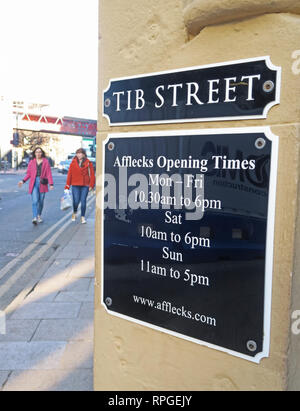 Tib Street entrance, Afflecks Palace entrance, opening hours, Manchester Northern Quarter, 52 Church St, Manchester, UK, M4 1PW Stock Photo