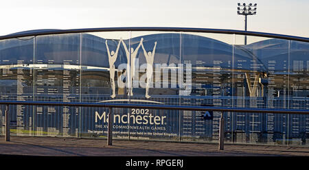 XVII Commonwealth Games and commonly known as Manchester 2002 stadium winners plaque in glass, North West England, UK Stock Photo