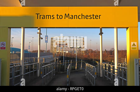 Trams To Manchester entrance sign at Etihad Campus, MCFC, East Manchester, North West England, UK Stock Photo