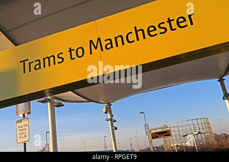 Trams To Manchester entrance sign at Etihad Campus, MCFC, East Manchester, North West England, UK Stock Photo