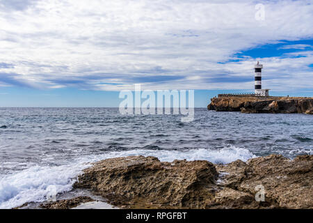 Lighthouse, surf, Colonia de Sant Jordi, Majorca, Balearic Islands ...