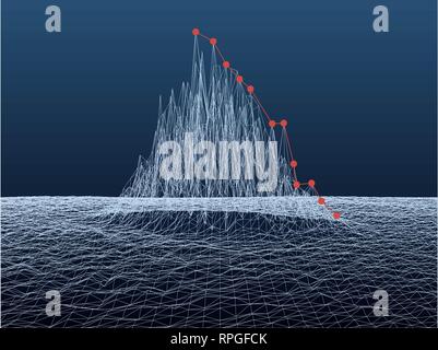 Polygonal mountain wireframe on a dark background. Red dots leading to the top of the mountain. Vector illustration. Stock Vector