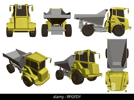 Set with dump truck. Six realistic models of dump trucks with a yellow cab. 3D. Vector illustration. Stock Vector