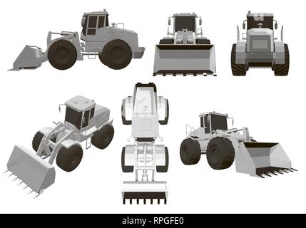 Set with a bulldozer 6 polygonal bulldozers at different angles. Isometric view, top, side, front, back. White wheel loader bulldozer heavy equipment  Stock Vector