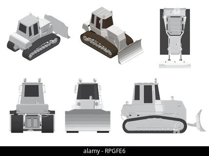 Set with a bulldozer 6 polygonal bulldozers at different angles. Isometric view, top, side, front, back. White wheel loader bulldozer heavy equipment  Stock Vector