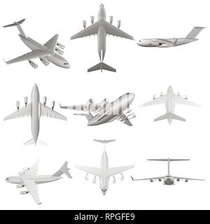 Set with nine planes at different angles. High detailed white airplane on a white background. Airplane in profile from the front and top view isolated Stock Vector