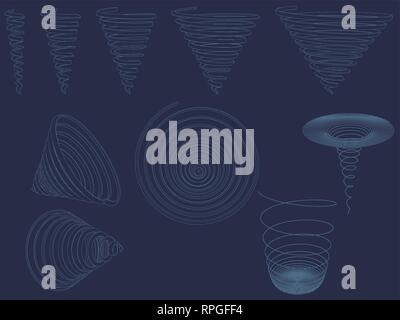 Set with spirals of various shapes. Wireframe spirals on a dark blue background. 3D. Vector illustration. Stock Vector