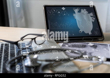 Health care writing prescription Doctor working modern virtual screen interface network Stock Photo