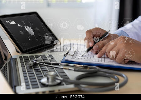 Health care writing prescription Doctor working modern virtual screen interface network Stock Photo